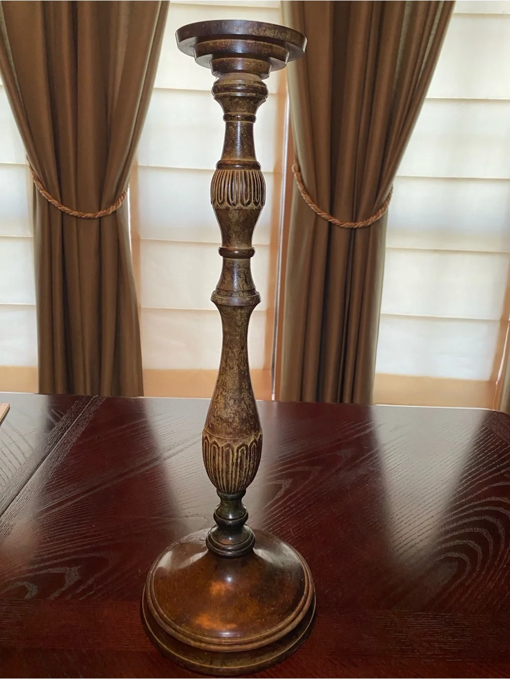 Decorative 20.5 inch painted metal candlestick with lWood-Tone and patina finish